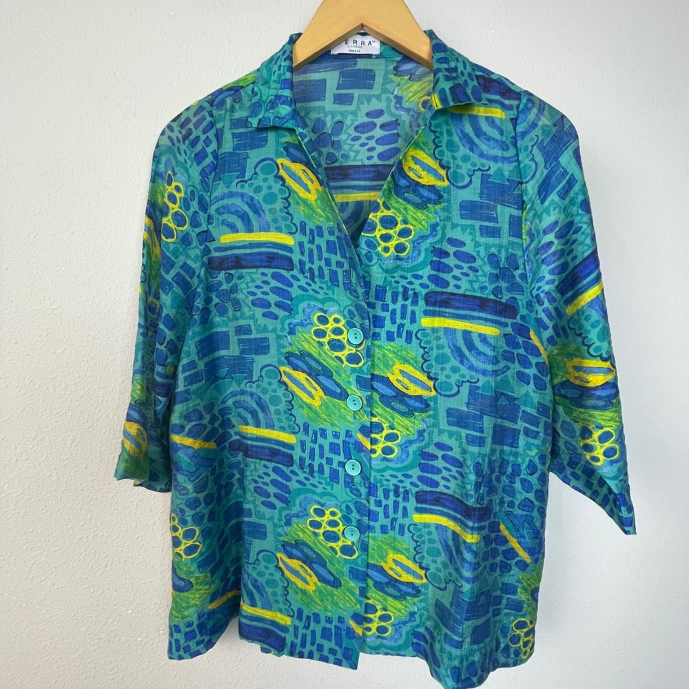 TERRA SJ APPAREL Abstract Print Button Up Shirt Women's‎ Small Blue Green Resort